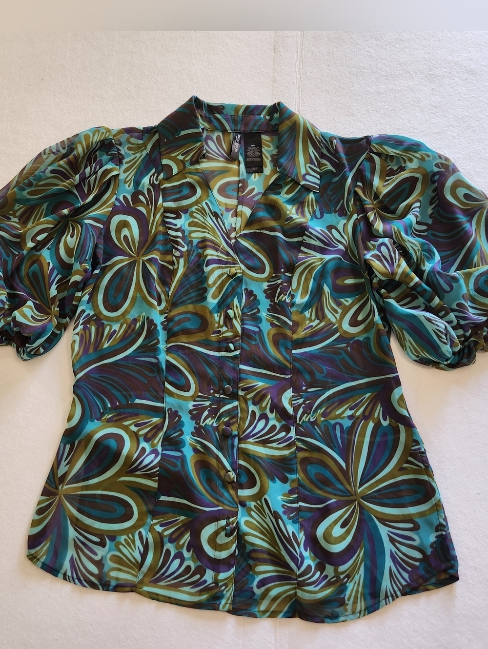 Bisou Bisou Teal, Olive & Purple Abstract Floral Puff-Sleeve Blouse Size Medium